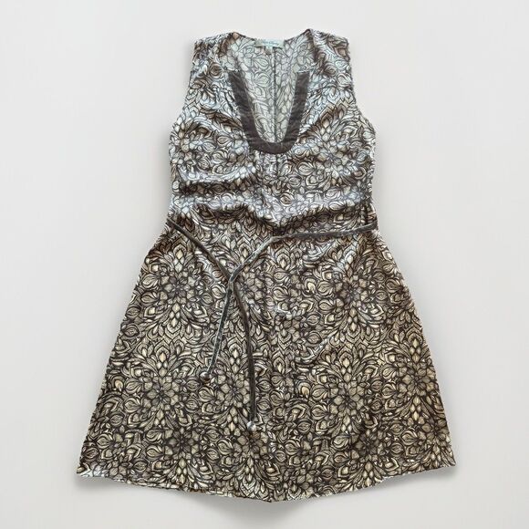 Sleeveless Silk Dress Gray Floral with Velvet Trim and Belt A Line Womens Size 6 - Picture 2 of 10